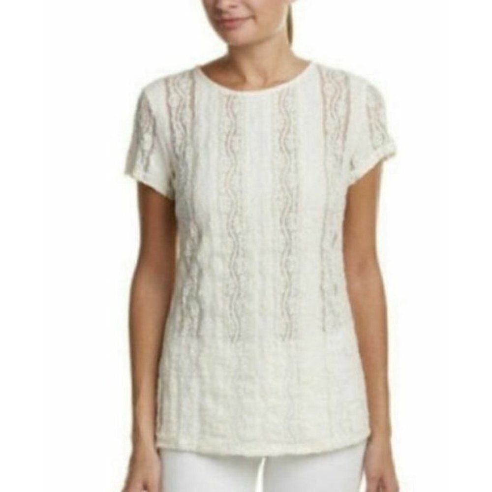 Cabi Womens Ecru Lace Top Ivory Short Sleeves Cottagecore 260 Medium